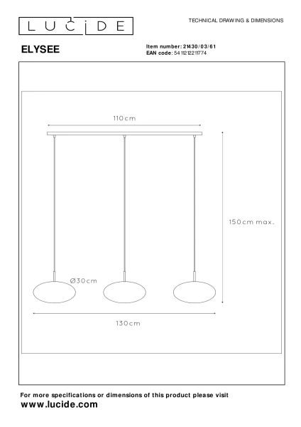 Lucide ELYSEE - Pendant light - 3xE27 - Opal - technical